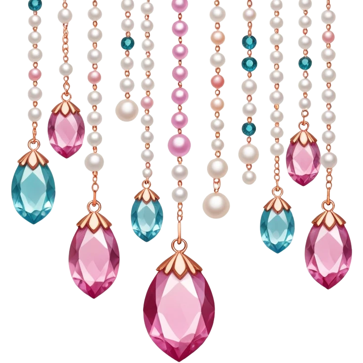 Rose-colored pastel glistening glossy sparkly shiny glittery hanging crystals pearls and beads and gemstones decorations emoji