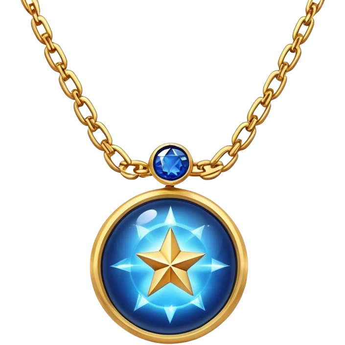 mystical necklace with a deep blue stone, glowing with star-like energy, gold chain floating ethereally emoji