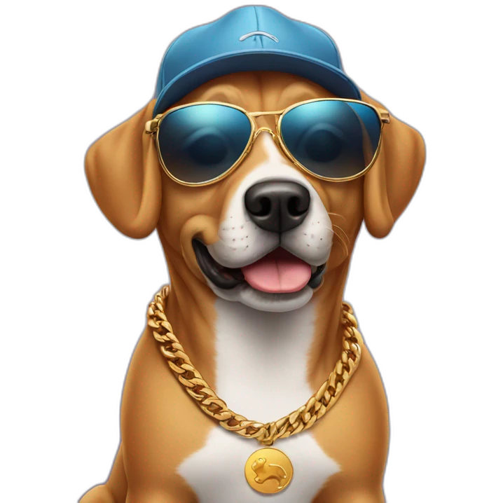 Dog wearing sun glasses and cap and a Cuban chain emoji