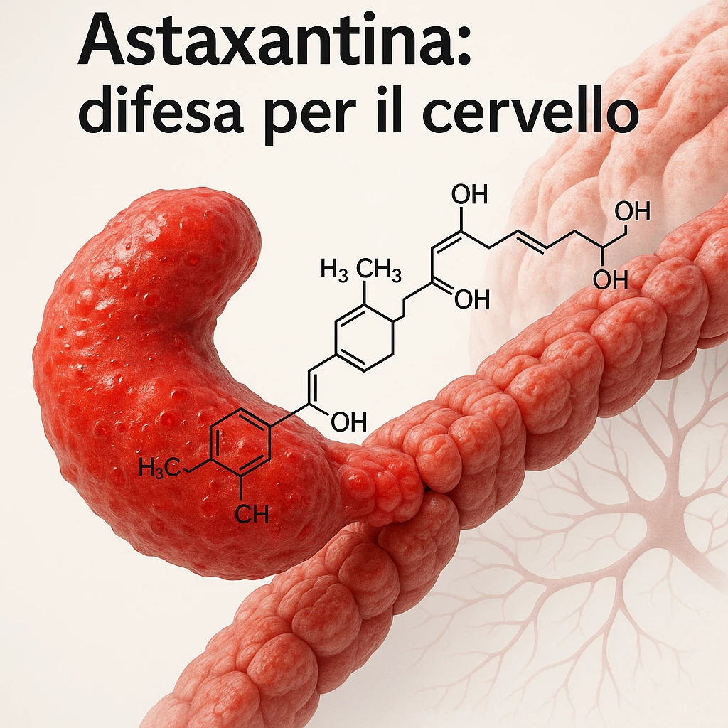 hyper realistic red astaxanthin molecule in motion crossing a stylized blood-brain barrier, clinical atmosphere, white background, with text 'Astaxantina: difesa per il cervello' emoji