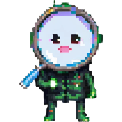 A pixelated character looking through a magnifying glass emoji