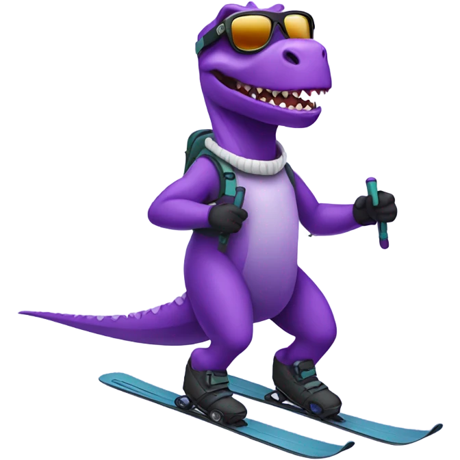 a purple dinosaur skiing with sunglasses and mountains in the back emoji