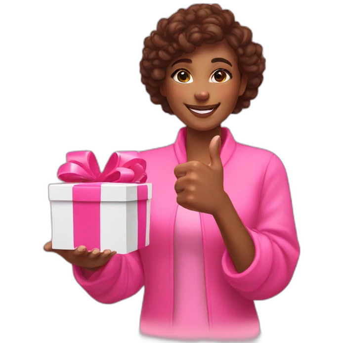 influencer promoting a pink gift box in her arms and thumb up emoji