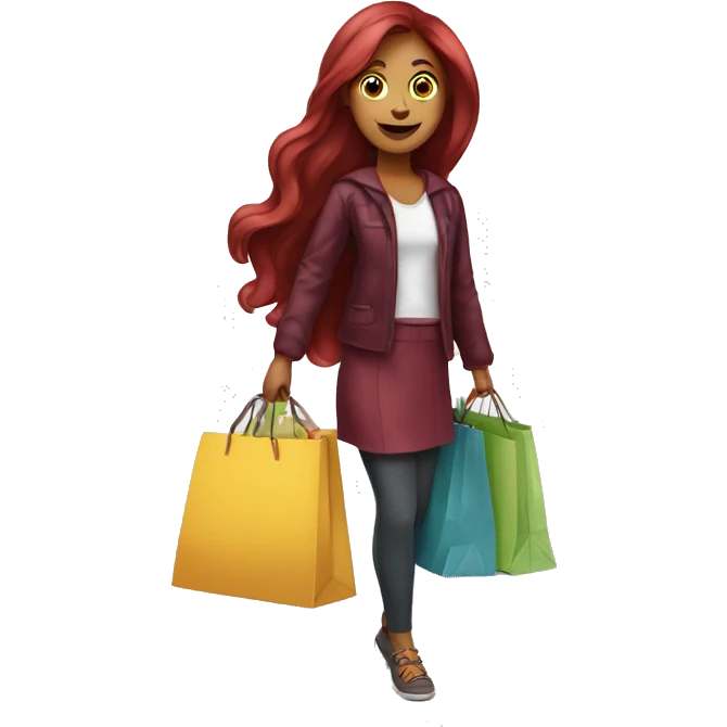 Long Burgundy haired girl, shopaholic, carrying a lot of shopping bags emoji