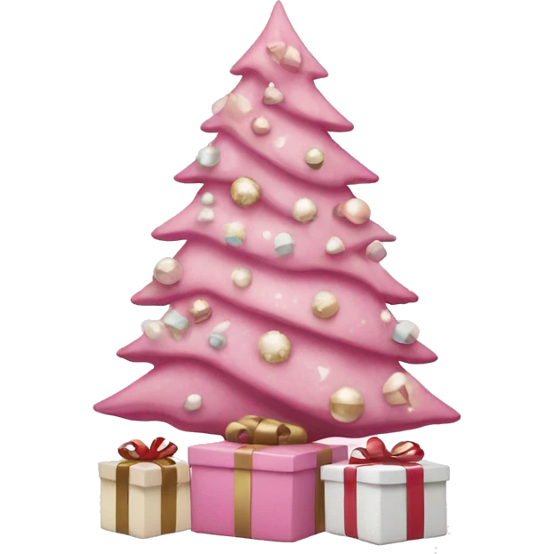 pink christmas tree with white and cream colored presents underneath emoji
