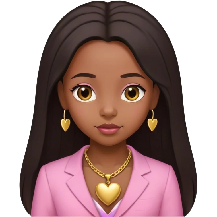 Black girl with STRAIGHT LONG HAIR DOWNhair down with baby edges and formal clothes that are pink for her interview and a SMALL gold heart necklace  emoji