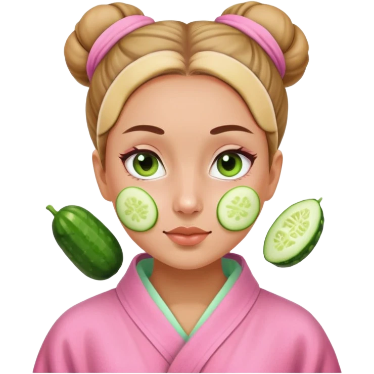 Girl with a bun and a pink robe with a green skincare mask on and cucumbers on her eyes emoji