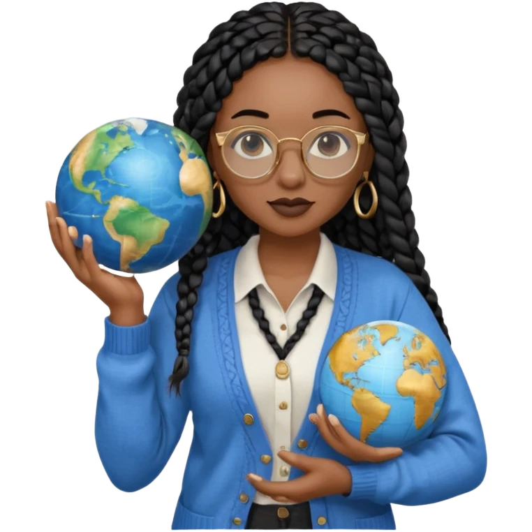 a-young-woman-wearing-fine-gold-round-glasses-and-black-hair-in-several-box-braids,-she-has-light-black-skin,-and-she's-wearing-a-white-shirt-with-an-blue-cardigan-on-top.-she's-holding-a-globe-in-one-hand.png emoji