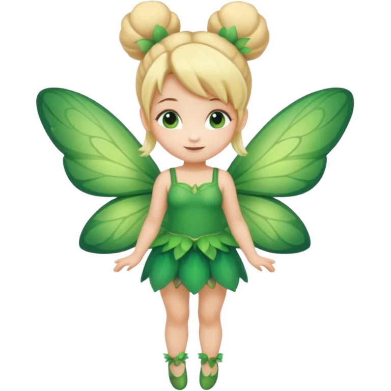 fairy with bun blonde hair, green wings, happy, chibi full body emoji