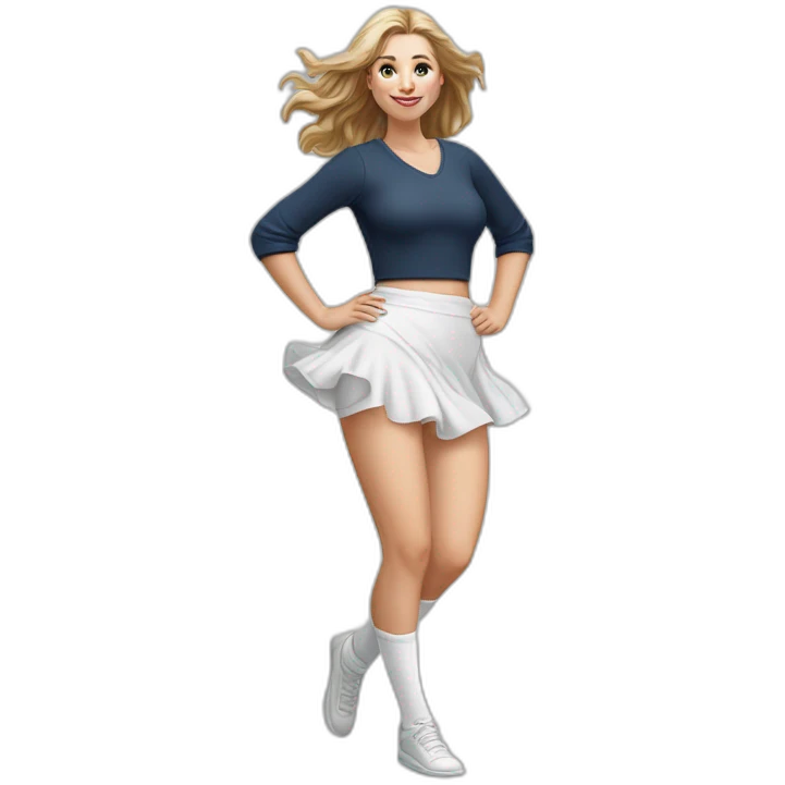 Hyperrealistic Full body Caucasian curvy beauty jumping short white skirt back and front views strong wind knickers long white socks emoji