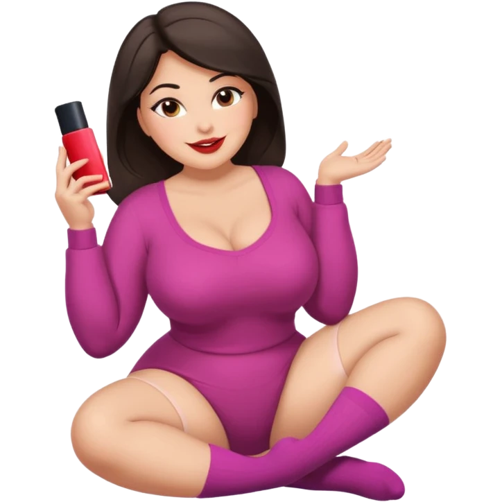 Cute curvy woman dark hair brown eyes big ass big chest skin coloured clothes socks legs up sole facing camera blushing face lip stick smile nervous emoji