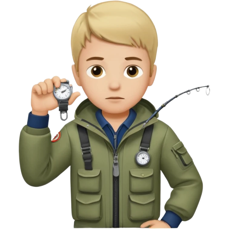 Boy in fishing suit looking at his wristwatch emoji