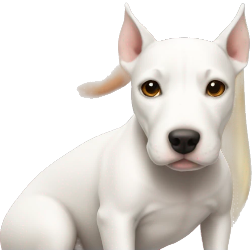 girl with long blond hair and brown eyes with a white bull terrier emoji