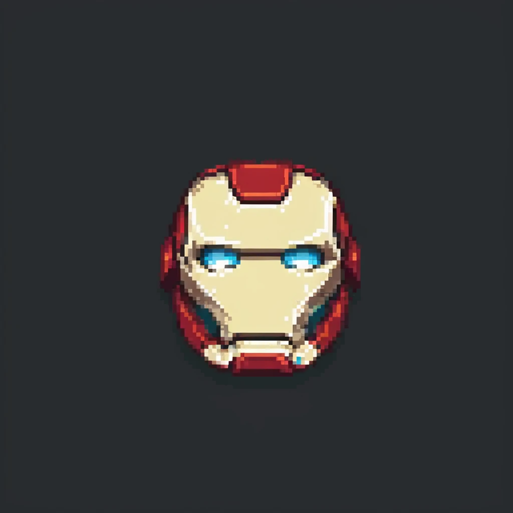 Front-facing Ironman mask, pixelated in the style of vintage Nokia mobile games, retro pixel art emoji