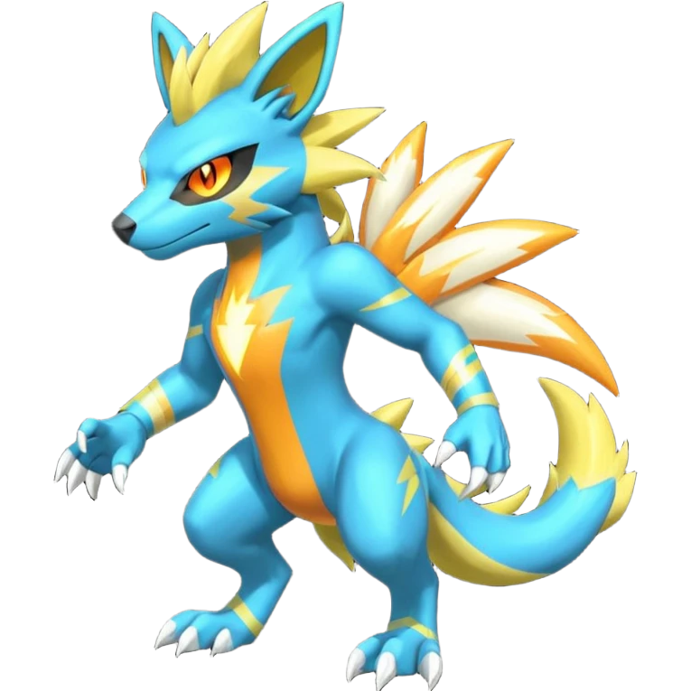 Cyan manectric-Electrike-Zeraora-fusion with neon-green stripes and orange eyes (full body) emoji