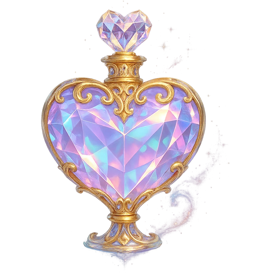crystal luxurious heart-shaped elixir bottle with pastel gradient, lots of glow, facets, ornaments, golden details, magical effects, very small golden neck, transparent background, beautiful merging base, clearly floating in air, no ground or shadow, very luxurious, matching a collection emoji