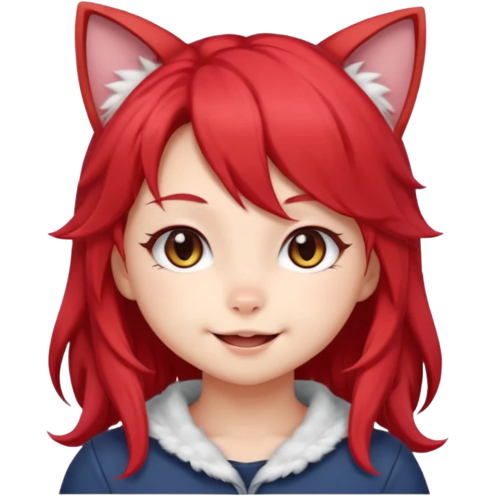 very cute anime cat-girl with small cat ears, red blowing hair emoji