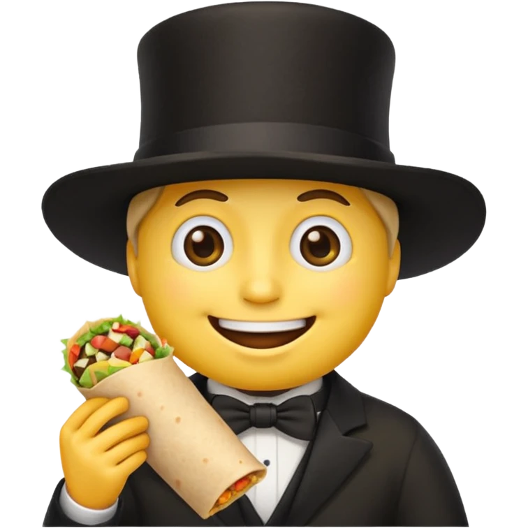 Generic classic yellow basic emoji face with a black top hat eating a burrito emoji