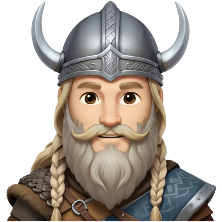 Clash of Clans aesthetic: Beautiful and Majestic Viking Portrait Emoji, Rendered in serene confidence with a gentle, enigmatic smile and a refined, weathered Viking helmet, showcasing a noble, sturdy build with long braided hair and a dignified beard, his face in natural skin tone, Simplified yet exquisitely endearing features, highly detailed, glowing with a soft, majestic Nordic light, high shine, calm and heroic, stylized with an air of timeless Norse elegance, soft glowing outline, capturing the essence of a majestic Viking whose noble spirit inspires epic quests! emoji
