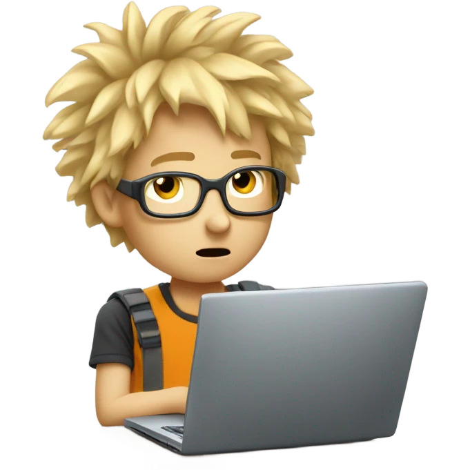 Nerdy  blonde boy gamer with crazy hair and a laptop emoji