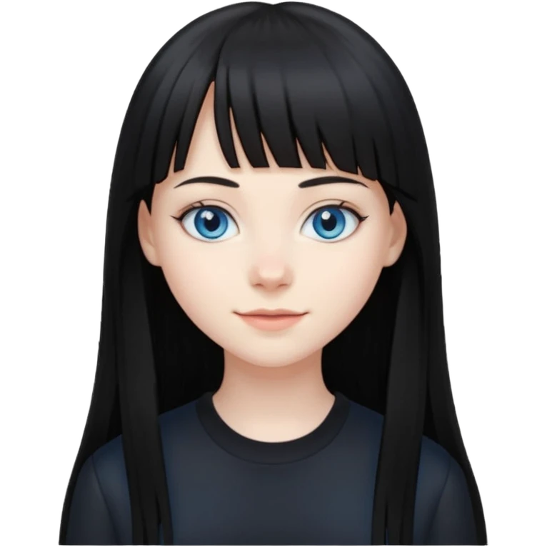 20 yr old woman long straight black hair, pale skin, blue eyes, black clothes, small smile, bangs emoji