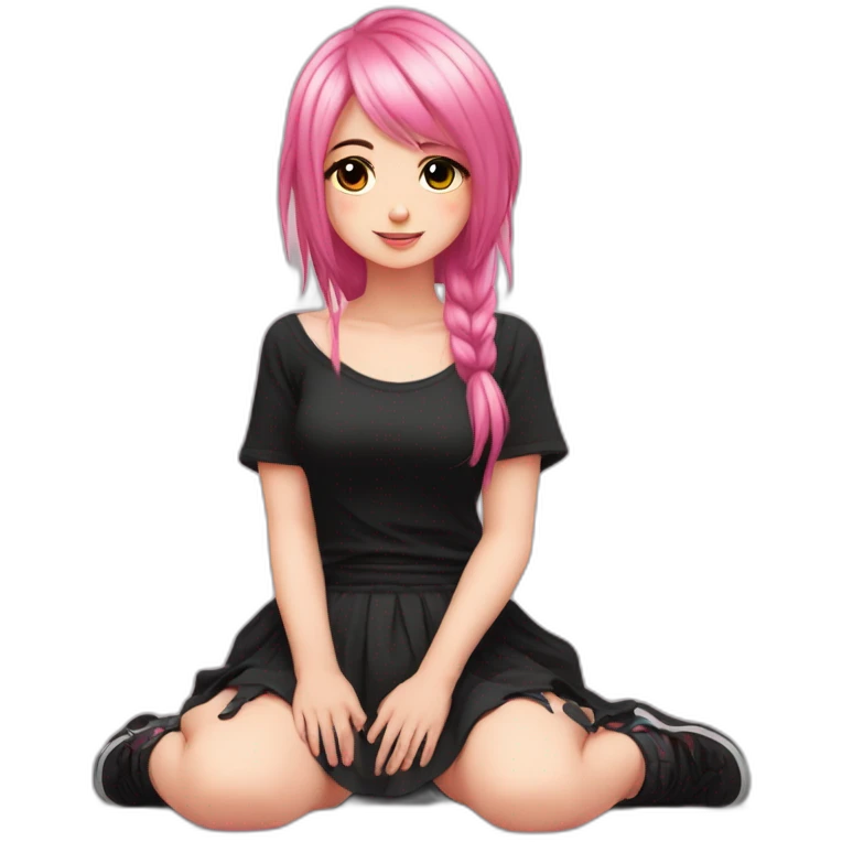 Full body Front view curvy emo girl pink hair sits on the floor straight view hands up black skirt полосатые рваные чулки emoji