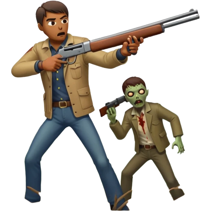 Man aiming shotgun at approaching zombie, dynamic pose, horror scene, no background









 emoji
