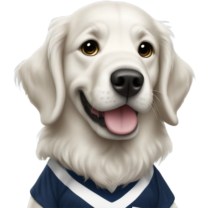 white golden retriever dressed in a dallas cowboy football player emoji