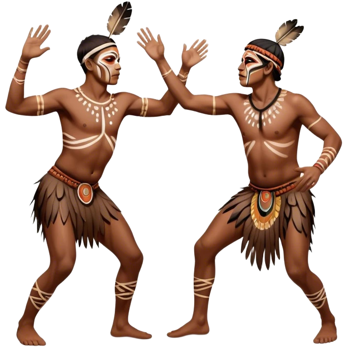 Cinematic Realistic scene of two indigenous male aboriginals performing an Aboriginal Corroboree, adorned in traditional body paint, captured in fluid motion with earthy tones and vibrant, cultural lighting emoji