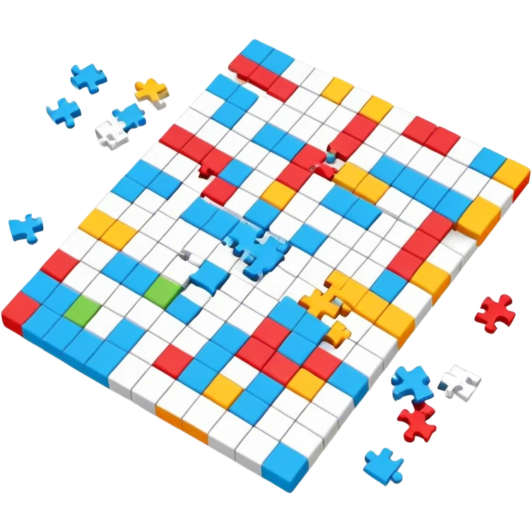 A photorealistic icon with a colorful, fragmented crossword magazine, a 3D puzzle, and a partially completed puzzle on a table. Bright, detailed design with realistic lighting. Transparent background, clearly symbolizing puzzles and brain games. emoji