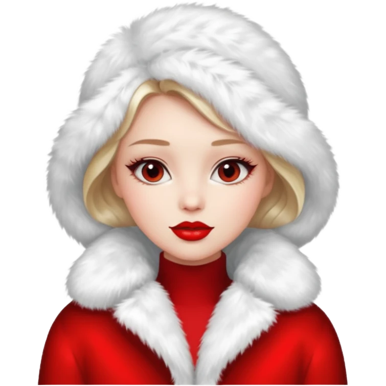 A beautiful, cute girl with red lipstick is posing for a photo in a white fur coat emoji