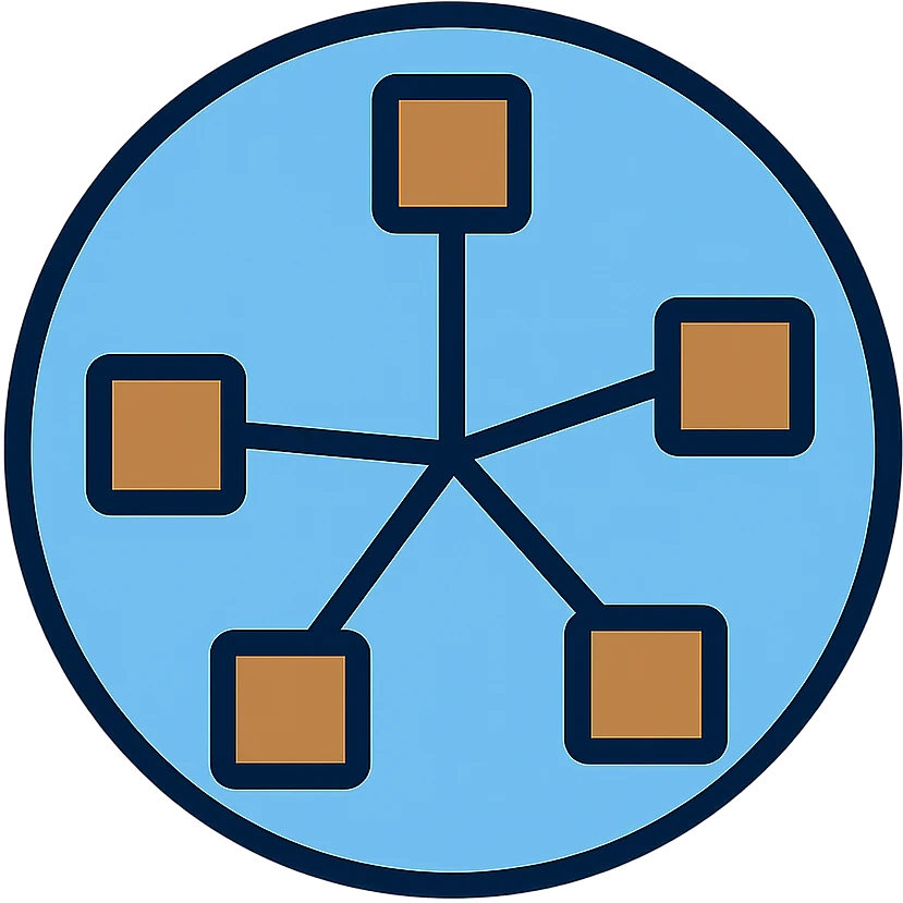 network in a circle form with blue lines and realistic brown boxes at intersection points emoji