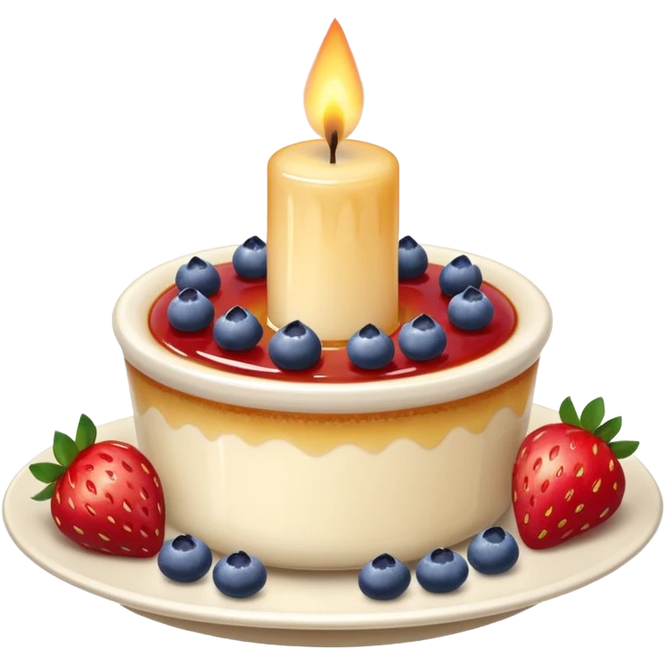 Crème brûlée with strawberries and blueberries on top with a lit candle emoji