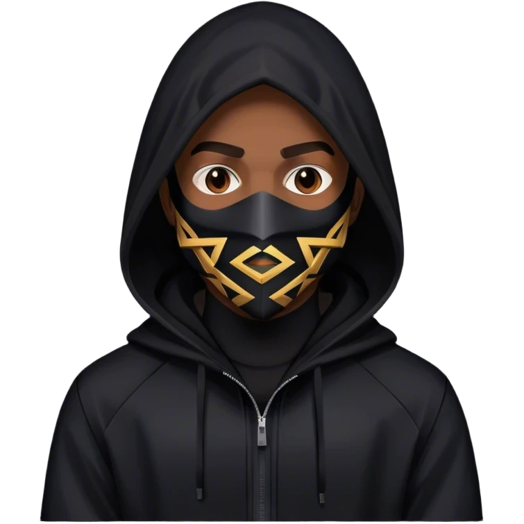man with black hooded jacket and a full-black full-face geometric mask emoji