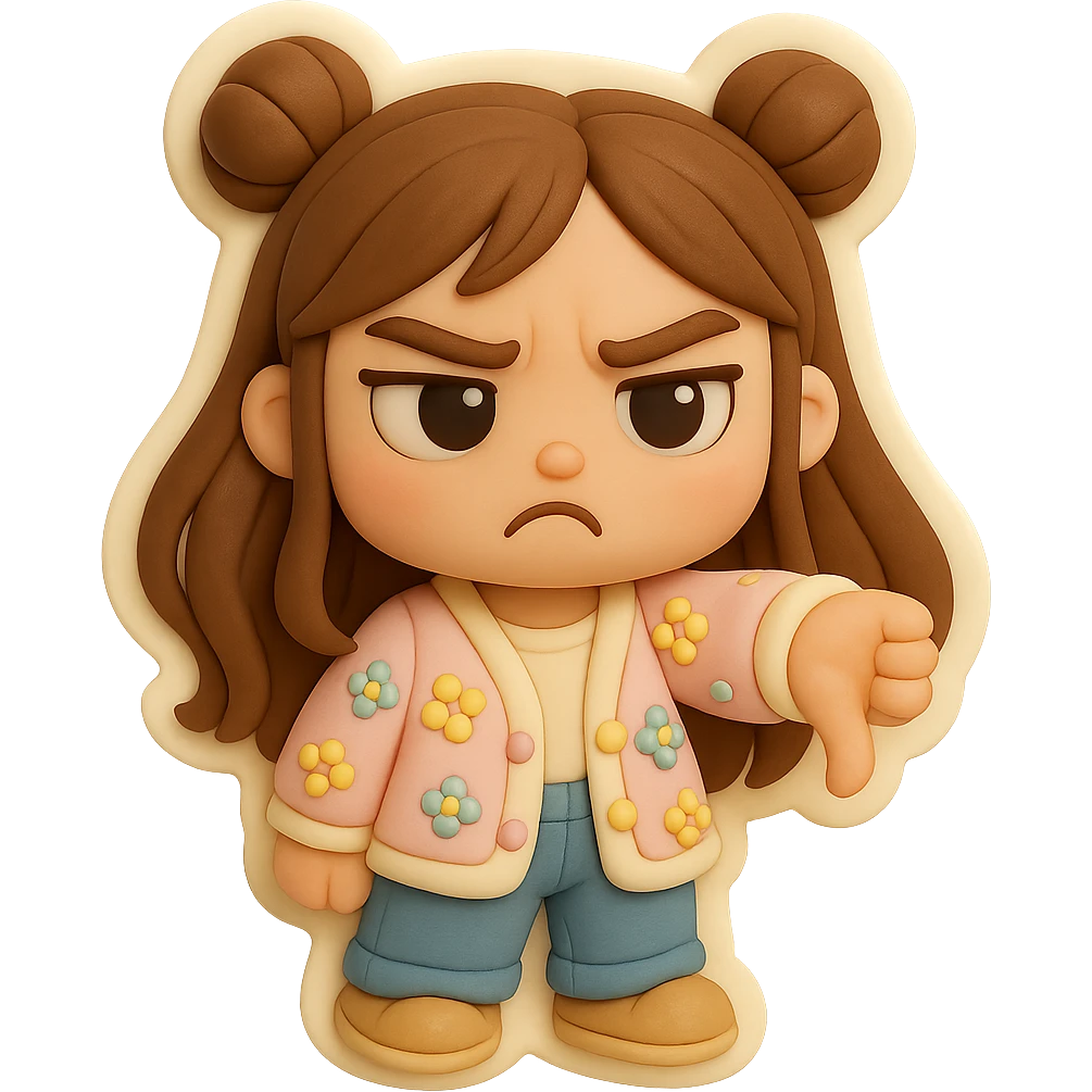 3D chibi fondant cake art style, high-quality rendering with smooth shadows and soft gradients. Girl based on reference image with preserved facial features and eye shape, long brown hair in two space buns, brown eyes, jeans, pastel floral cardigan, shoes, thick white outline like a sticker, transparent background. Thumbs down, disappointed expression. Ensure the face, hairstyle, eye shape, and shoes match the reference exactly. emoji
