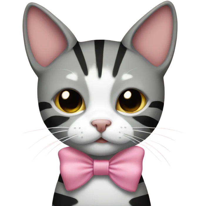 White, grey, black, and tan striped cat with pink bow emoji