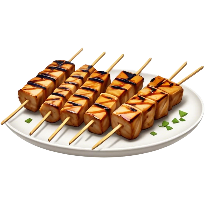 Cinematic Realistic Yakitori Dish Emoji, depicted as skewered, grilled chicken pieces with a charred finish rendered with crisp textures and appetizing, natural lighting. emoji