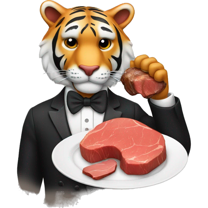 Tiger wearing a tuxedo eating a steak emoji