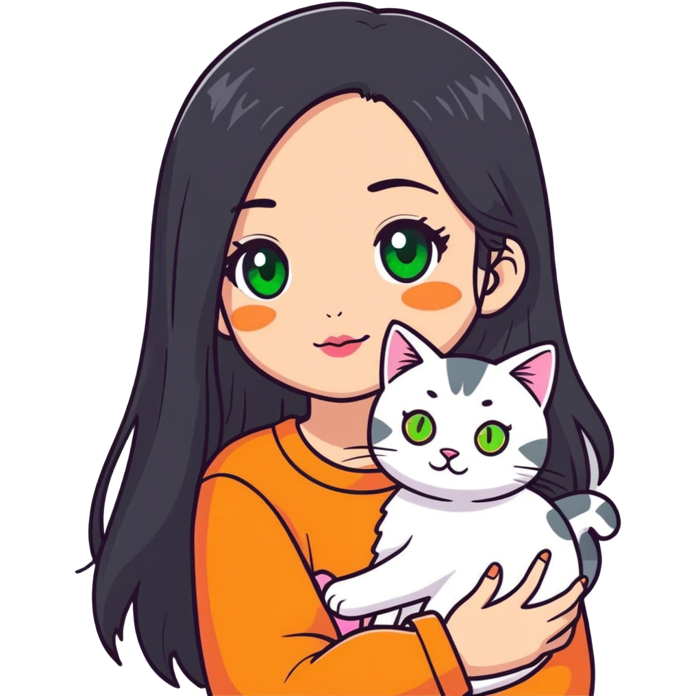 Girl with black lomg hair and brown eyes and makeup with pink pretty lips holding a cat with green eyes, with a face half grey and half orange and grey, white and orange spots emoji