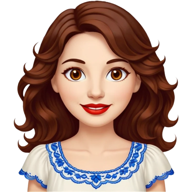 Artistic woman in her 40s with bright complexion, round face, big lively light brown eyes, wide friendly smile, vibrant red lips, voluminous wavy dark brown hair to shoulders, white summery dress with blue embroidery and electric blue neckline emoji