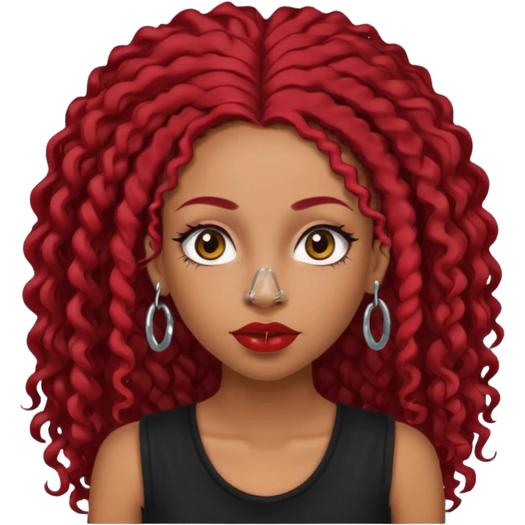 light-skinned black girl with very long eyelashes with long curly dark red hair with edges wearing a black top with no sleeves. and a red accessory on her head with nose and mouth piercings and is a baddie and looks like a bad girl. emoji