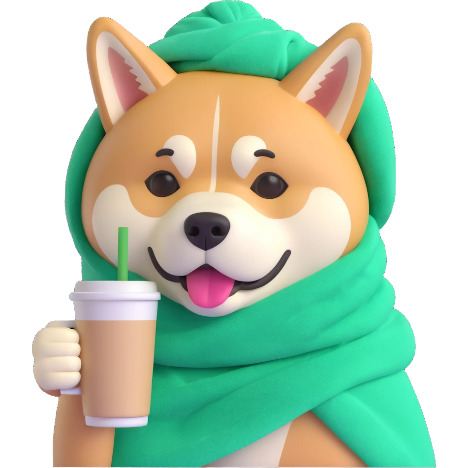 playful and friendly Akita Inu with a green towel on its head, sipping cold coffee emoji