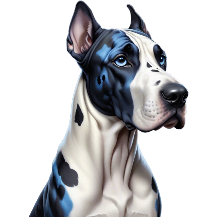 Cinematic Noble Harlequin Great Dane Portrait Emoji, Poised and regal, with a towering, muscular build and a striking coat of predominantly white with bold black patches, deep-set soulful blue eyes, Simplified yet sharp and sophisticated features, highly detailed, glowing with a soft, dignified glow, high shine, intelligent and loyal, stylized with an air of majesty, focused and attentive, soft glowing outline, capturing the essence of a watchful and confident guardian, so majestic it feels as though it could stride out of the screen with effortless authority! emoji