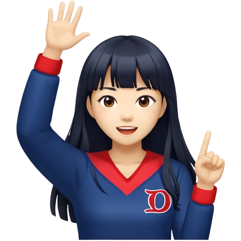 East Asian woman with long black straight hair and bangs wearing Doosan Bears team colors navy blue and red, cheering emoji