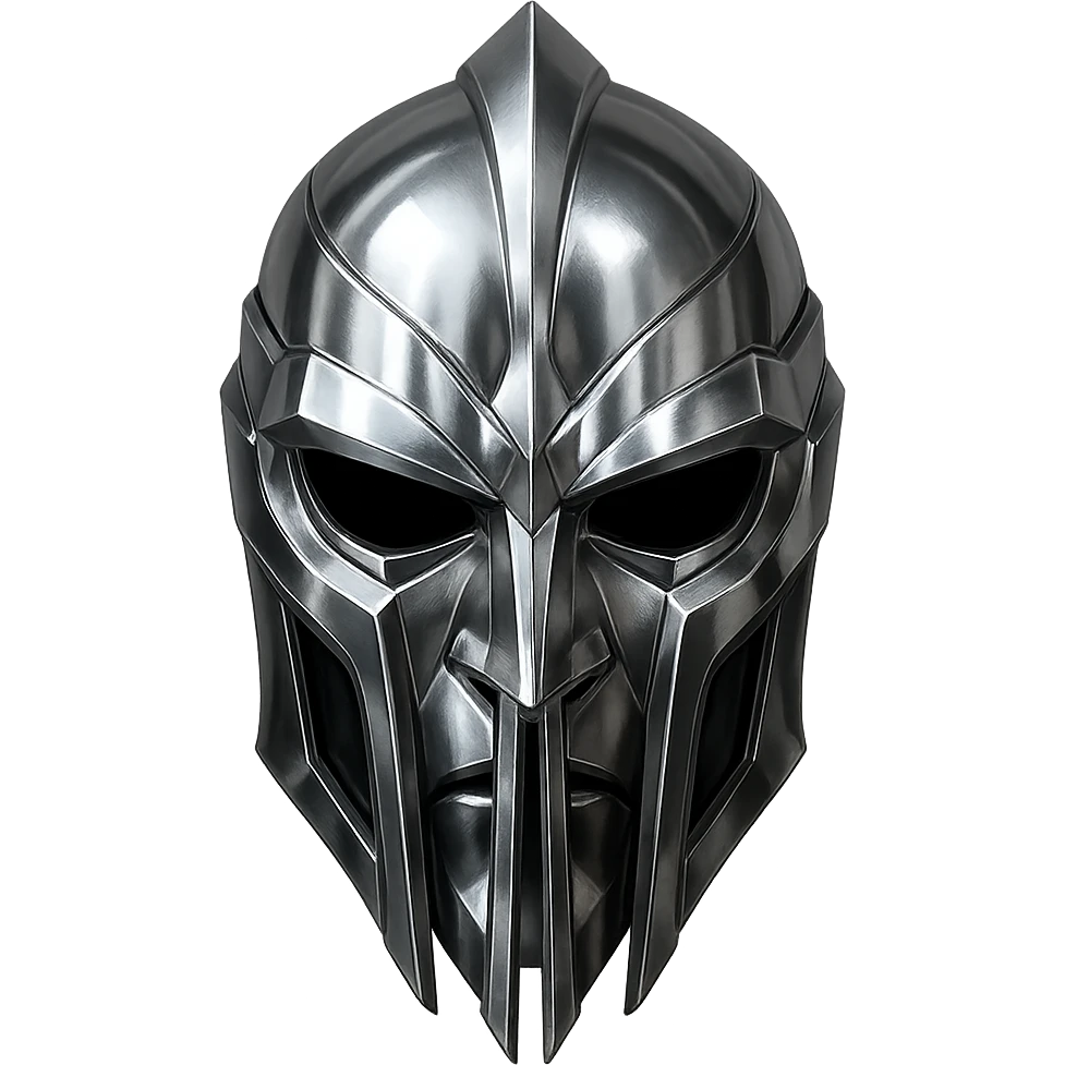 detailed metallic silver gladiator helmet mask with sharp angular lines, high forehead, deep eye cutouts without lenses, long vertical nose bridge splitting into two vertical bars extending past mouth, chrome-like shiny symmetrical intimidating sleek futuristic villain or antihero mask emoji
