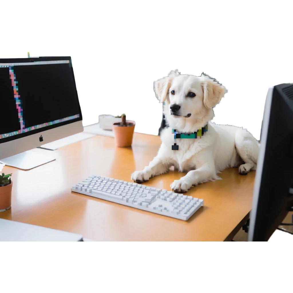light dog graphic designer at a computer, creative workspace emoji