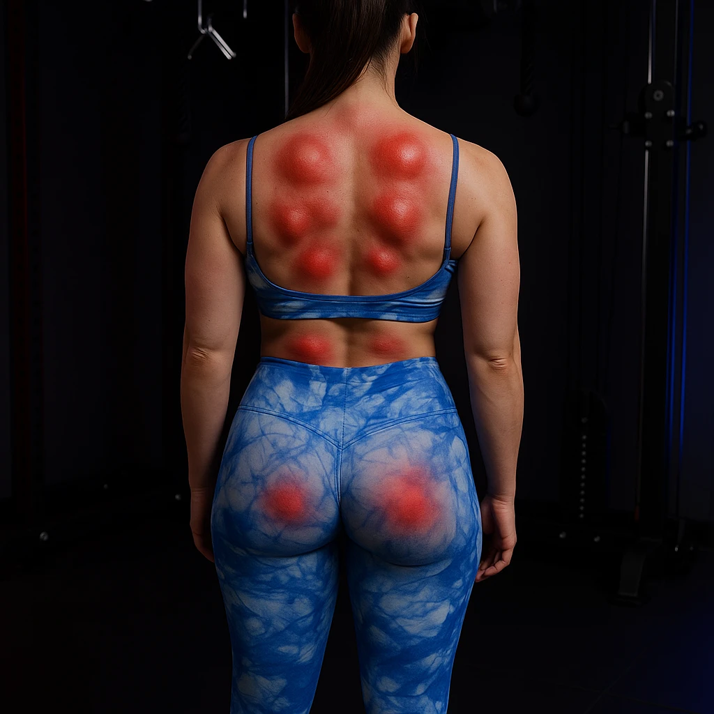 Hyperrealistic 4K image of a woman seen from the back in a gym environment, showing multiple muscle contractures as knots on both sides of her back, highlighted with red halos or swollen areas, detailed and realistic. emoji