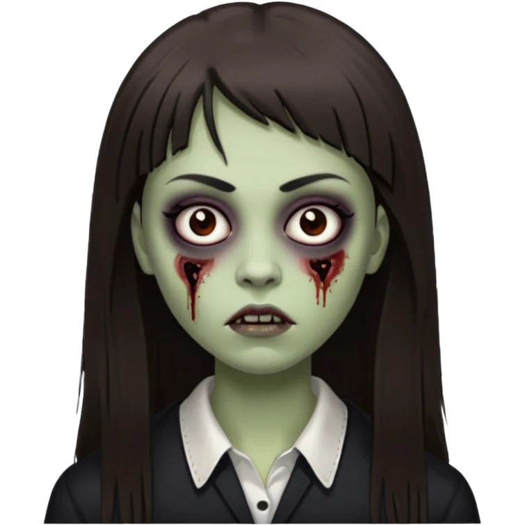 Tenho uma franja vegana, sombrancelha reta fina, um rosto oval e meu cabelo é grande e castanho escuro. Faça no estilo zumbi  emoji