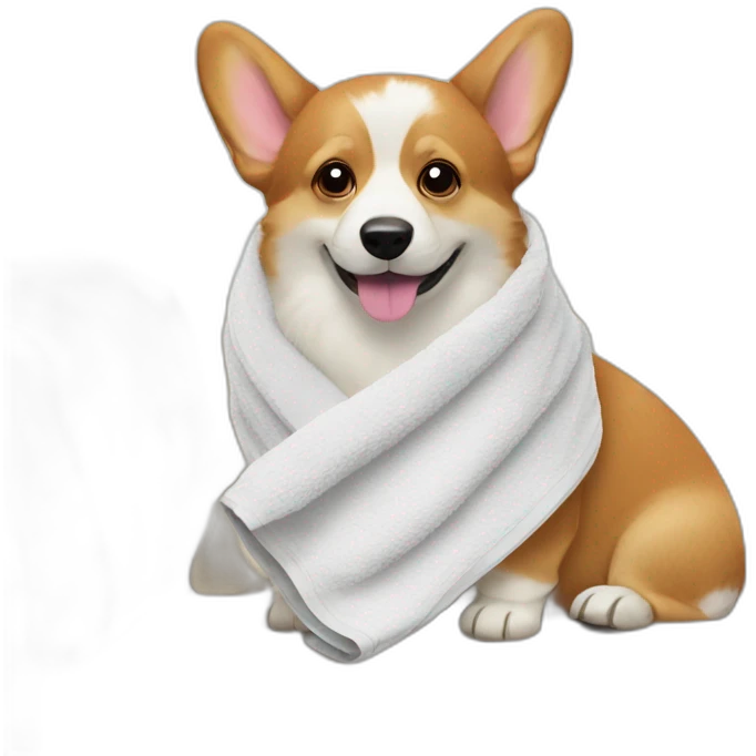 Corgi on the couch with the towel on the head emoji