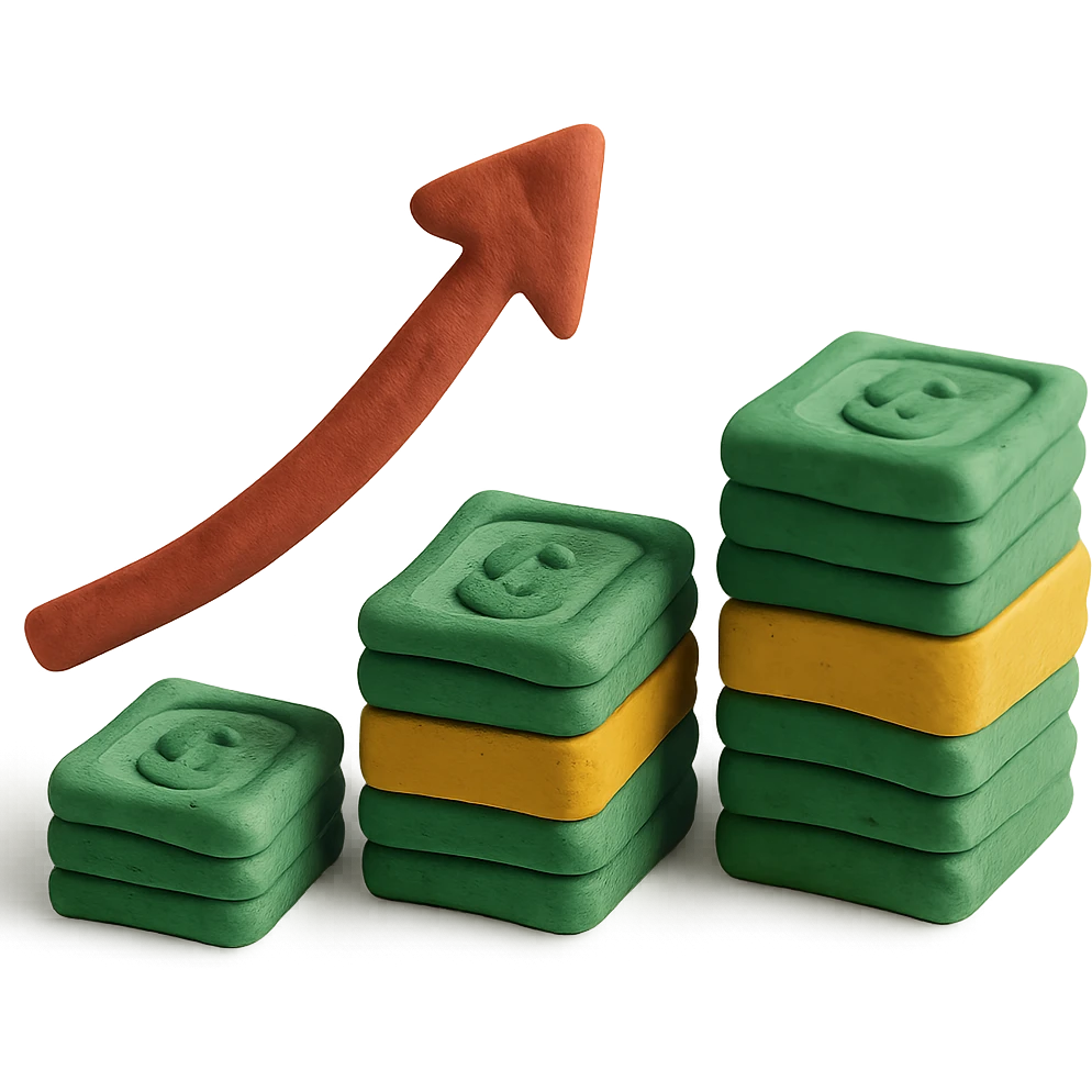 upward trending arrow beside three stacks of bundled dollar bills in ascending height emoji